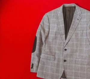 HUGO BOSS Men Linen & Virgin Wool Beige Check Jacket Size 50 / L Elbow Patches - Picture 1 of 20