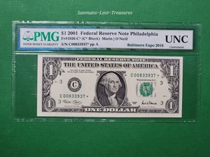 2001 FRB PHILADELPHIA $1 STAR REPLACEMENT NOTE  UNC PMG BALTIMORE EXPO 2016 RARE - Picture 1 of 4