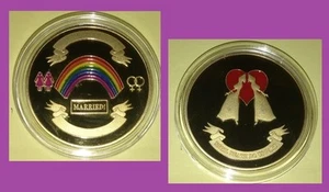 MARRIED LESBIAN X 2 ~ Gold Plated 1oz Medallions in Acrylic Capsules - Picture 1 of 4