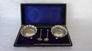 Antique Victorian HMSS Boxed Pair of Open Salts & Spoons Birmingham 1878 T Hayes - Picture 1 of 8
