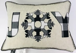 Christmas Accent Throw Pillow Joy With Appliqué Beige Black White Plaid 14"X20" - Picture 1 of 6