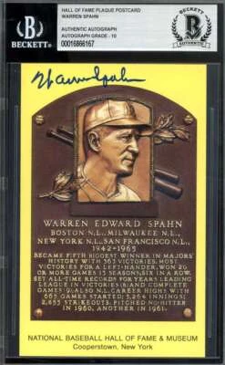 Warren Spahn Gem Mint 10 Beckett BAS Signed Gold HoF Plaque Postcard Autograph - Image 1 of 2
