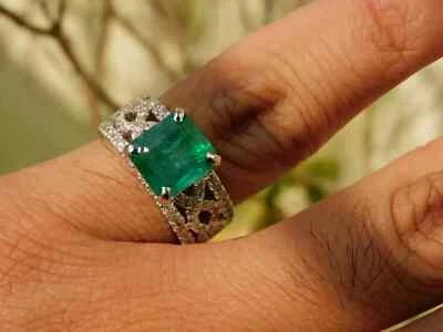 3. Ct Princess Cut Stunning Natural Emerald & Diamond Ring 14K White Gold Solid - Imagem 1 de 4