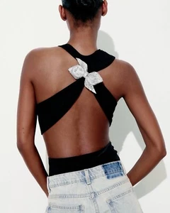 Zara Black Bodysuit Sexy Strap Back with Silver Embellished Bow Holiday XS - Picture 1 of 14