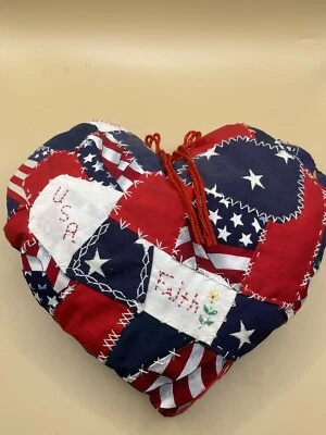 Handmade Red-White-Blue Patriotic Heart Pillow.  USA~FAITH. 10.5”x10” - Image 1 of 4