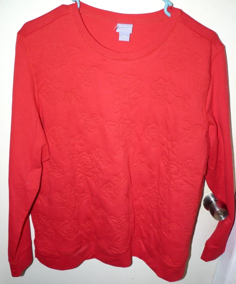 Moletom Laura Scott feminino tamanho XL L/S vermelho acolchoado padrão rosas NOVO - Imagem 1 de 4