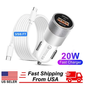 20W USB-C Fast Car Charger For iPhone 16 Pro Max Plus iPad Android Type-C Cable - Picture 1 of 16