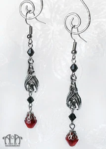 Gothic Black Red HANGING BAT CHARM EARRINGS Crystal Antique Silver Vampire E87 - Picture 1 of 2