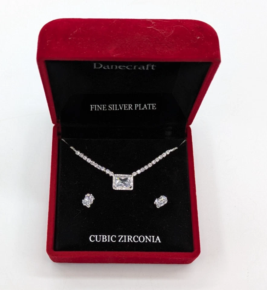 Danecraft Cubic Zirconia Fine Silver Plated Necklace & Earrings Set NIB - Image 1 of 4