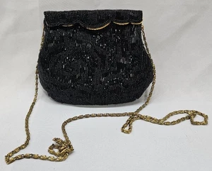 Vintage Elegant Flapper Black Beaded LaRegale Clutch Purse Hideaway Chain - Picture 1 of 16