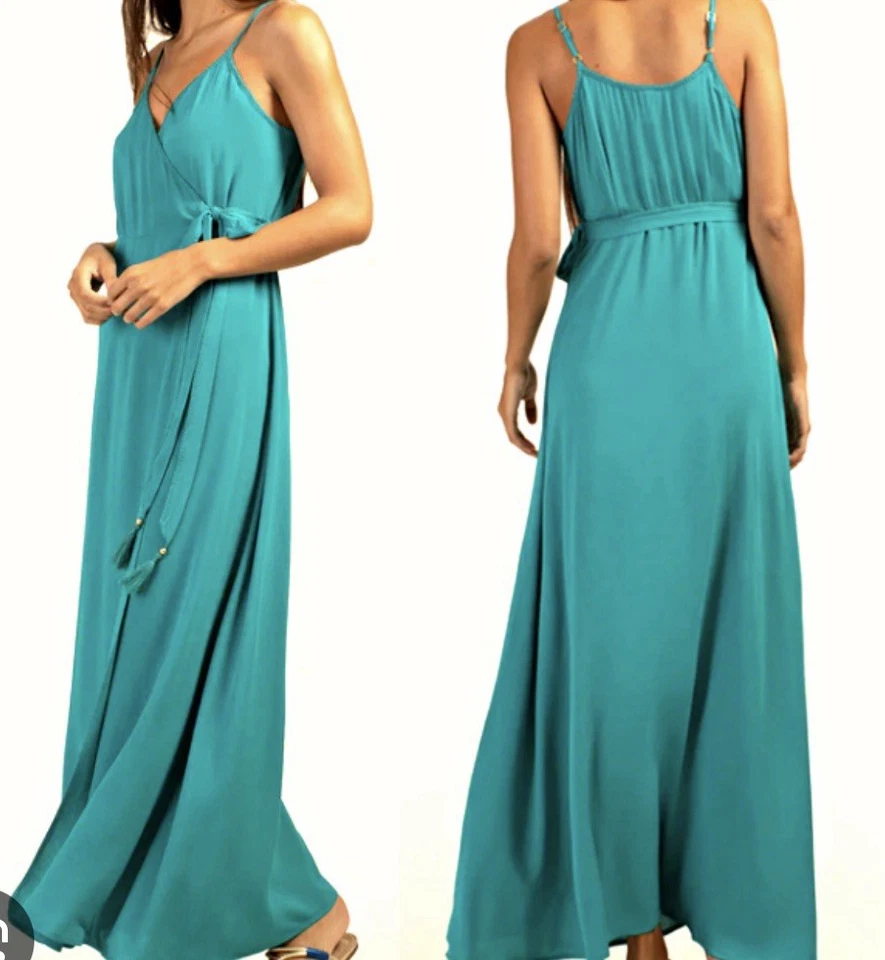 TRINA TURK BRITTANY MAXI VESTIDO ENVOLVENTE CON BORLAS CUBRE TURQUESA BRILLANTE Med “NUEVO CON ETIQUETAS” Foto 1 de 1