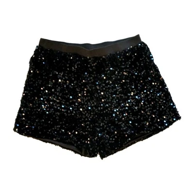 Black Velour Sequin Shorts Women Size Large Stretch Lined Hot Pants 3" Inseam  - Image 1 of 4