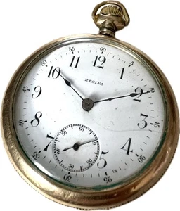 Vintage Working REGINA 15 JEWEL 52mm POCKET WATCH GOLD PLATE Omega Red Deer Alta - Picture 1 of 16