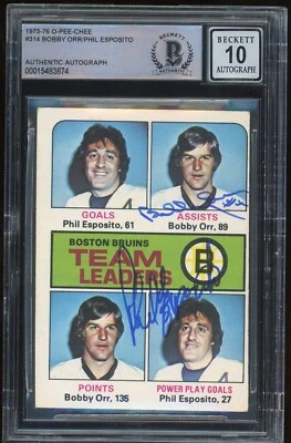 Bobby Orr Phil Esposito Signed 1975-76 O-Pee-Chee Card #314 OPC BAS Slab Auto 10 - Image 1 of 2