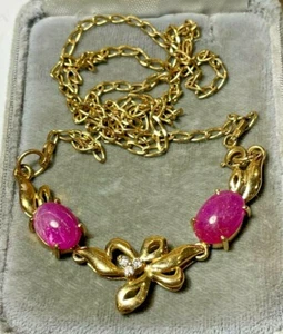 Vintage 9ct Yellow Gold 375 Genuine Ruby Cab Diamond Flower 11.8g Necklace G6 - Picture 1 of 5