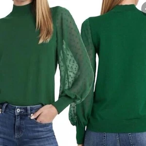 CeCe Dotted Mock Neck Sheer Sleeve Knit Green Sweater Size S (Bx 14) - Picture 1 of 12
