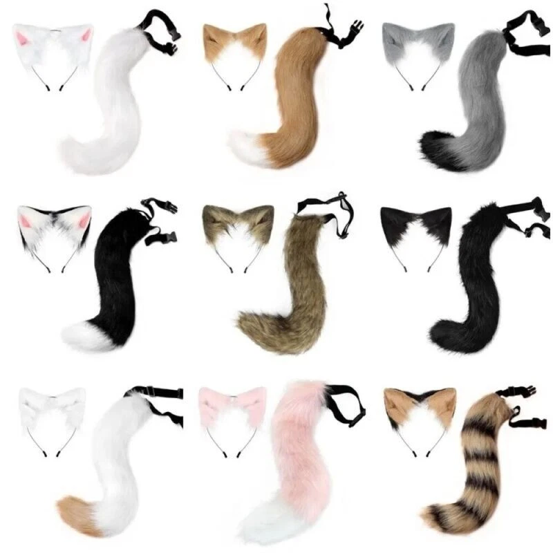 Faux Fur Fox Wolf Ears Headband Furry Long Tail Anime Cosplay Halloween Costume - Image 1 of 4