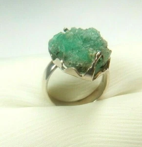 Colombian Emerald Raw Crystal Ring 18.50 Cts Silver 950 F. Size 8.75 Muzo Mines - Picture 1 of 12