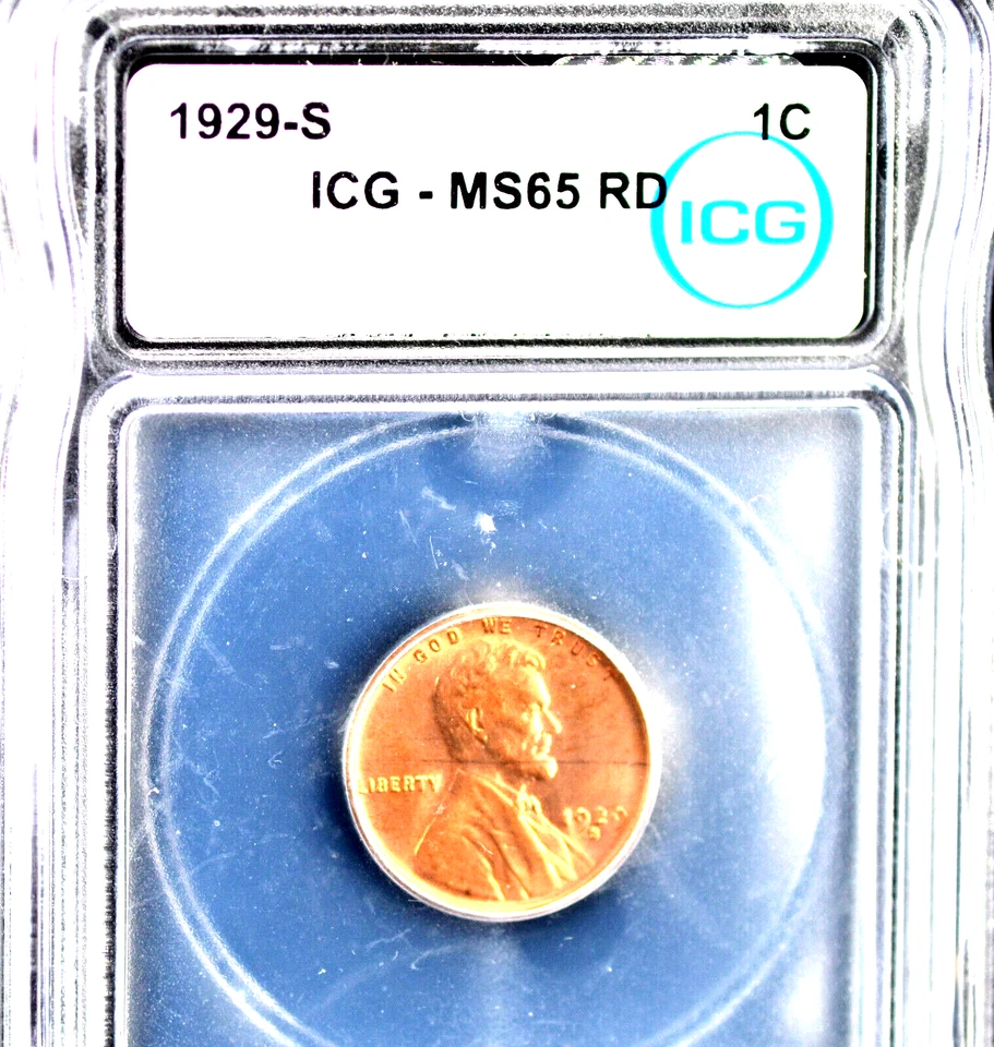 1929-S 1C ICG MS65RD  Lincoln Cent (Wheat Reverse) RARE SEMI KEY COIN CHOICE/GEM - Image 1 of 4