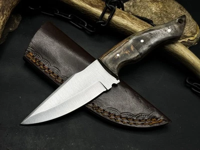 Handmade Carbon Steel Survival Hunting knife Ram Horn Handle, Leather Sheath - Image 1 of 4