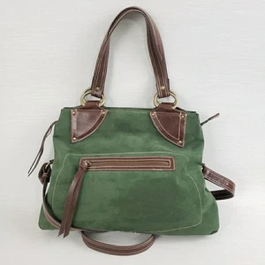 Emilie M Satchel Crossbody Purse Bag Faux Green Suede Brown Trim - Picture 1 of 21