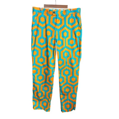 Pantalones de Golf Loudmouth Talla 36x34L Naranja Y Verde Azulado Geométrico Hexágono Atlético Retro Foto 1 de 4