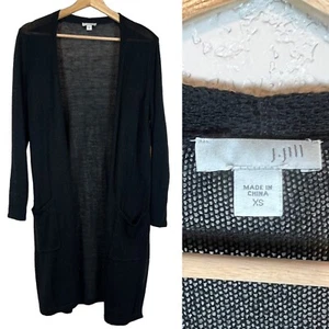 J Jill Linen Blend Duster Cardigan Womens XS Open Front Black Capsule Loose Knit - Picture 1 of 9