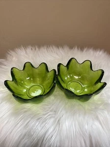 Set Of (2) Vintage Blenko Green Glass 8 Petal 5" Salad Dessert Bowl - Picture 1 of 6