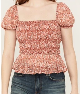 NWOT Ash & Violet Women's Floral Peasant Top Rust Copper Size M - Picture 1 of 3