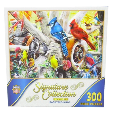 Master Pieces Jigsaw Puzzle 300 Piece Backyard Birds blue jay cardinal - Image 1 of 3