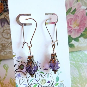 Purple Amethyst Crystal BoHo Victorian Vintage Style Bronze Drop Earrings - Picture 1 of 4