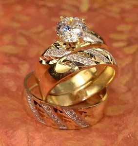 His & Her Trio Ring Set 2Ct Round Cut Created Diamond 14k Yellow Gold Plated - Picture 1 of 9