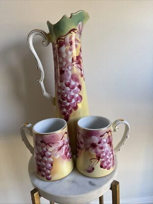 Juego de jarra y taza Limoges Uvas pintadas a mano 3 piezas púrpura Foto 1 de 4