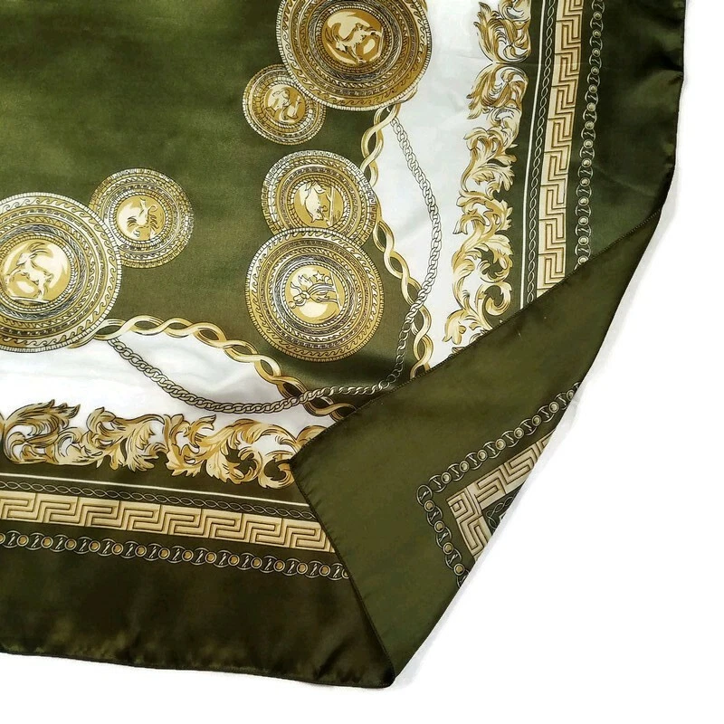 Bufanda Cuadrada De Colección Monedas de Oro Verde Oliva 41" Mantón Envolvente Bufandas Años 90 Foto 1 de 3