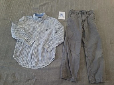 Boys Size 7 Gap Grey Cargo Pants And Long Sleeve Blue Striped Chaps Button Up. - Image 1 of 4