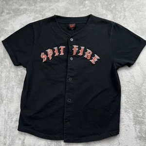 Y2K Spitfire Shirt Size M Black Skate Flame Logo Back Baseball Button Up Vtg - Picture 1 of 7
