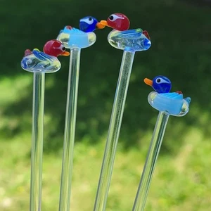 Lote De Colección 4 Palitos de Vidrio Artístico Soplado a Mano Rojo y Azul Pato Swizzle Vajilla 8" - Imagen 1 de 7