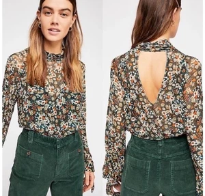 Free People All Dolled Up Floral Green Sheer High Neck Long Sleeve Mesh Blouse S - Picture 1 of 19