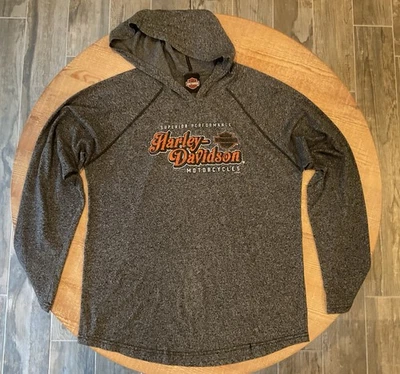 Harley Davidson Hooded Shirt L Gray Long Sleeve Pullover Hoodie Stretch Kansas - Image 1 of 4