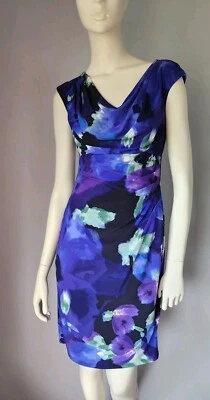 Lauren Ralph Sz 6P Garden Party Navy Abstract Cowl Neck Stretch Jersey Dress - Image 1 of 4