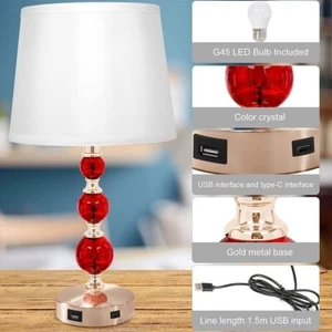 Retro Crystal Table Lamp with USB Ports and 3-Way Dimmable Touch Control, RED - Picture 1 of 5