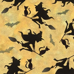 Fabric Halloween Flying Witches Yellow Cotton FABRIC TRADITIONS 1/4 yard 770715 - Picture 1 of 5