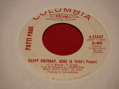 Patti Page 45 RPM 7" Happy Birthday Jesus Christmas Bells Columbia 4-43447 Foto 1 de 4