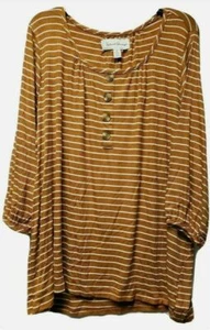 French Laundry Womens Blouse Size 1X Brown White Striped Faux Buttons - Picture 1 of 7