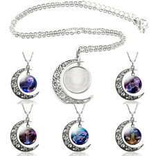 12 Constellation Necklace Zodiac Signs Cabochon Gift Moon Glass Pendant Crescent