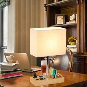 3 USB Desk Lamp, 2AC Outlets, 3 Stands, Nightstand, Wooden Base, Cream Shade - Picture 1 of 7