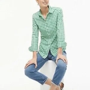 Top donna J.Crew verde bianco a quadri manica lunga con bottoni taglia L Gingham Preppy - Foto 1 di 13