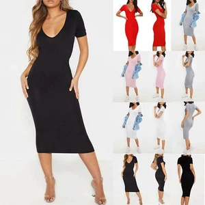 Ladies Women Slim Fit Pencil Plain Plunge V Neck Short Sleeve Midi Bodycon Dress - Picture 1 of 16