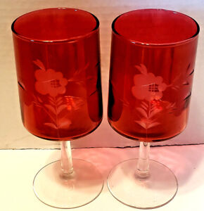 Pair Vintage Ruby Cut Glass Footed Tumblers Etched Floral Pattern Rare