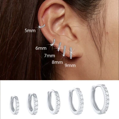 5-9MM Round Huggie Small Cubic Zirconia 925 Sterling Silver Ear Hoop Earrings 2x - Image 1 of 4